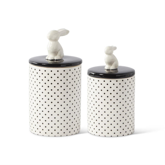 Black and White Polka Dot Ceramic Canisters w/ Bunny Lid-2 Sizes