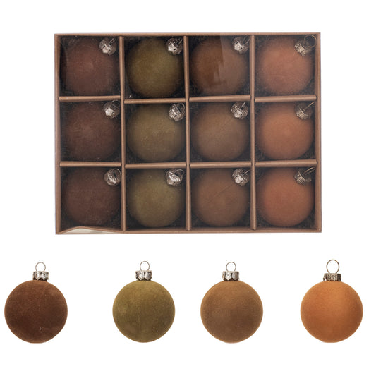 Flocked Plastic Ball Ornaments, Boxed Set of 12