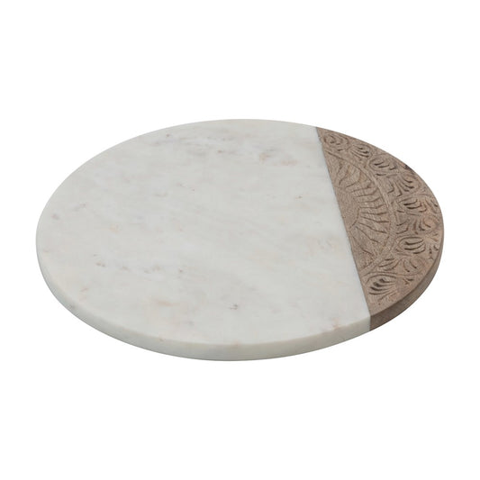 Round Carved Wood and Marble Serving Board